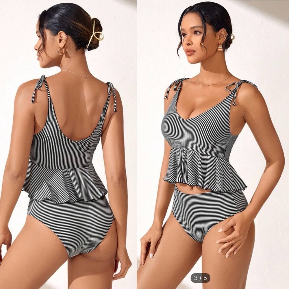 Shein Black & White Striped Swim Set (S)